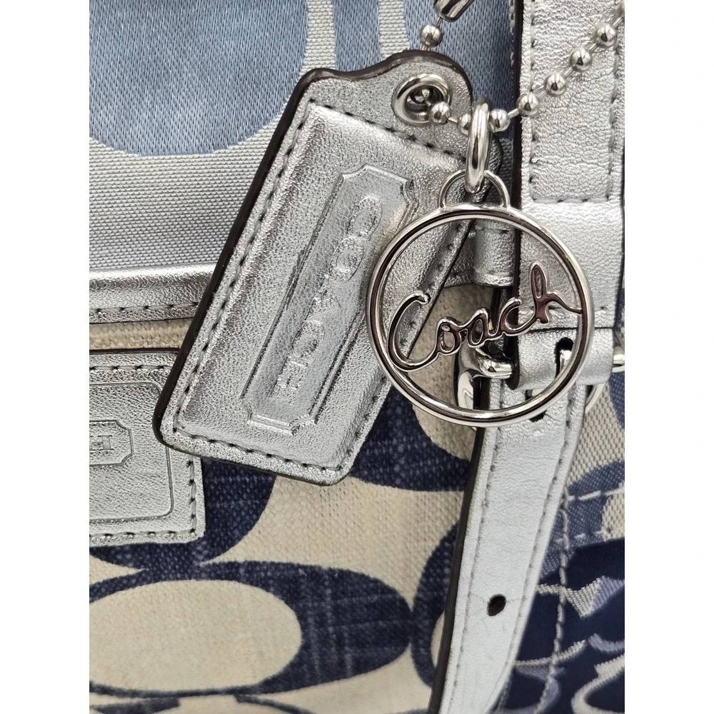 Coach Patchwork Signature Canvas Tote Bag/Purse Blue Cream Silver Buckle Straps - Picture 9 of 16